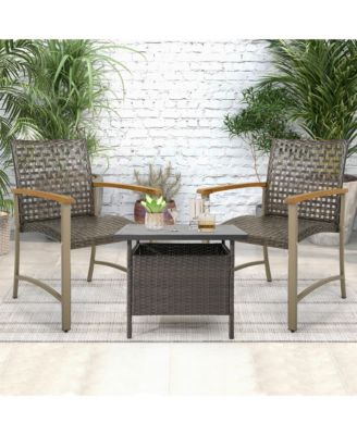 Outdoor Rattan Chair Set of 4 Patio PE Wicker Dining Chairs w/ Acacia Wood Armrests Balcony Poolside