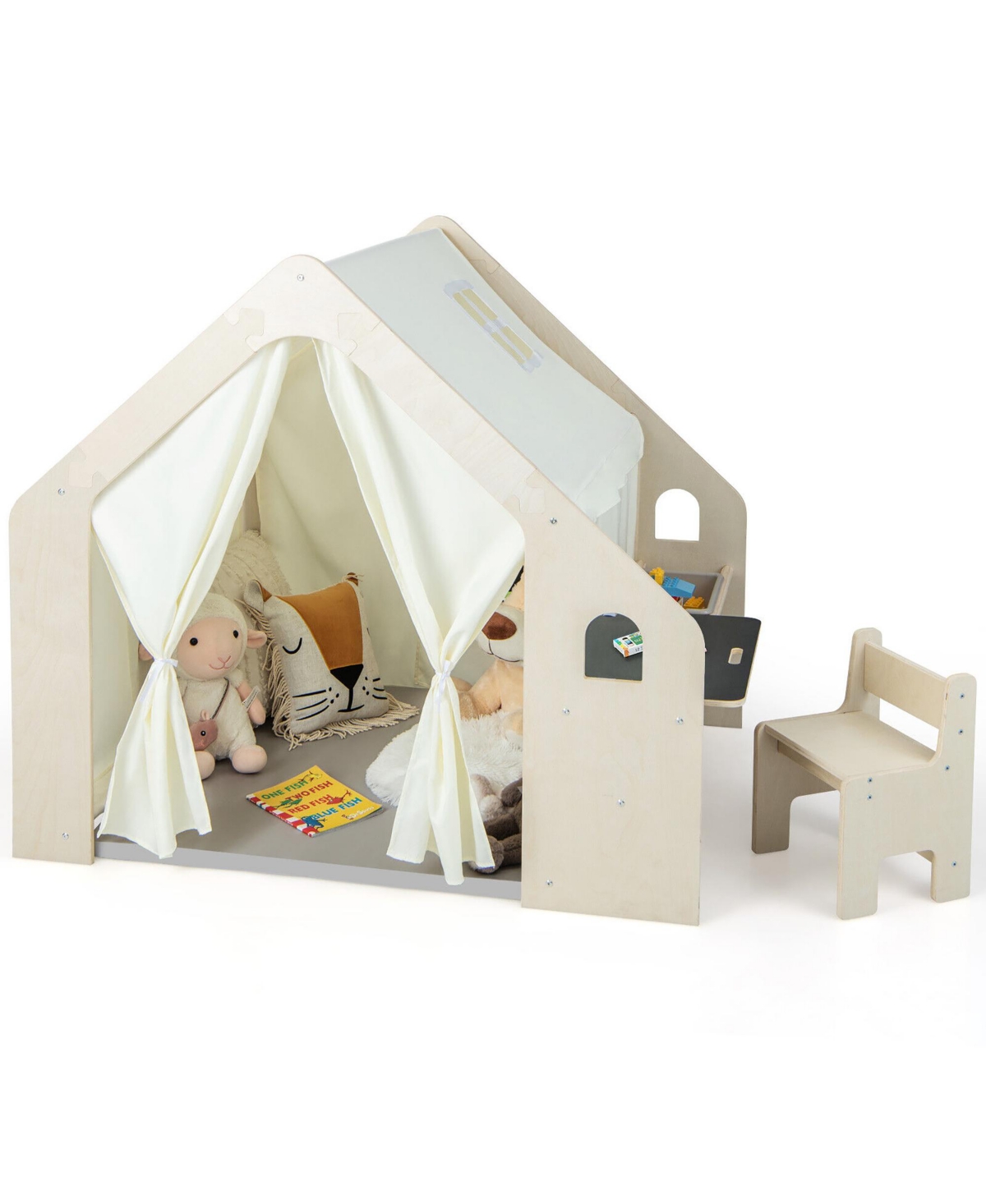 Gymax 6-in-1 Kids Playhouse Wooden Indoor Play Tent w/ Blackboard Desk Table Chair - Natural+white