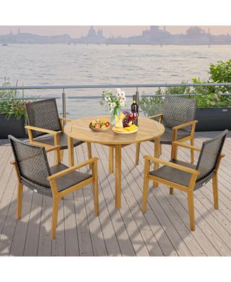 Outdoor Rattan Chair Set of 4 Patio PE Wicker Dining Chairs w/ Sturdy Acacia Wood Frame