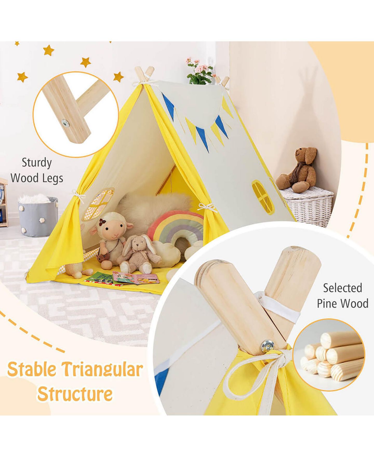 Детская игрушка Gymax Triangular Kids Play Tent with Solid Wood Frame, Ages 3+, цвет: Жёлтый — фото 4