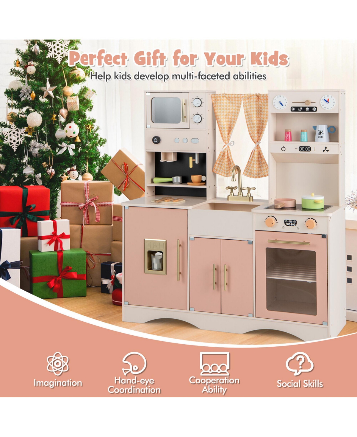 Gymax Kids Play Kitchen Pretend Playset w/ 2 Curtains & 16 Pcs Play Accessories- Pink