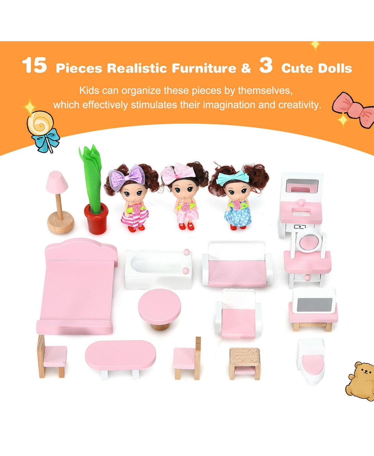 Gymax Wooden Dollhouse 3-Story Pretend Playset W/ Furniture & Doll Gift for Age 3+ Year - Blue+white
