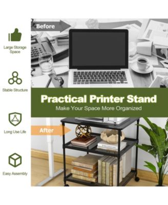 3 Tier Printer Stand Rolling Fax Cart with Adjustable Shelf and Swivel Wheels