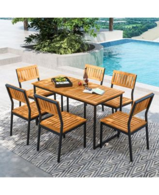 Acacia Wood Dining Table for 6 People with Slatted Tabletop and Umbrella Hole