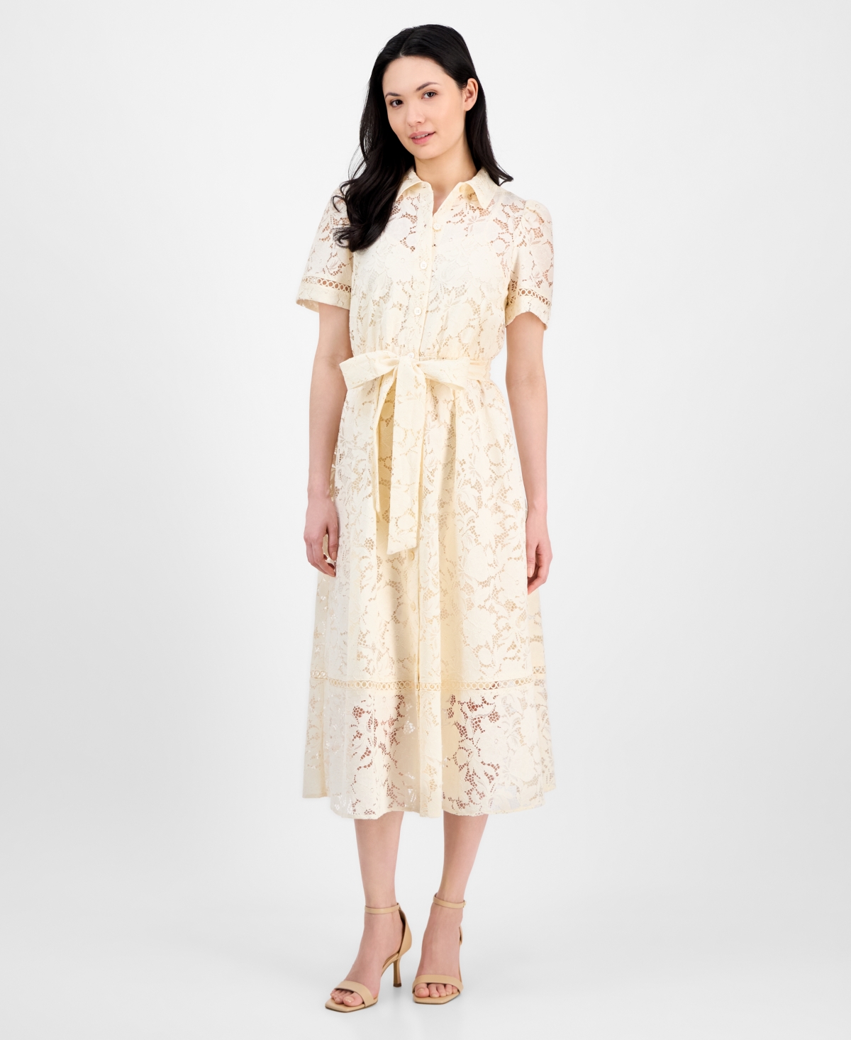 Petite Lace Button-Down Tie-Waist Midi Tea Dress - Light Dune