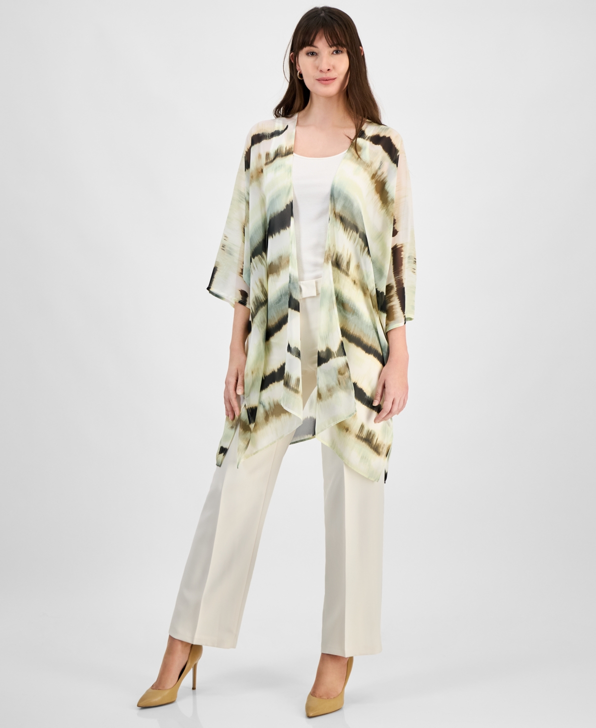 Anne Klein Printed Open-front Chiffon Kimono In White Dove Multi
