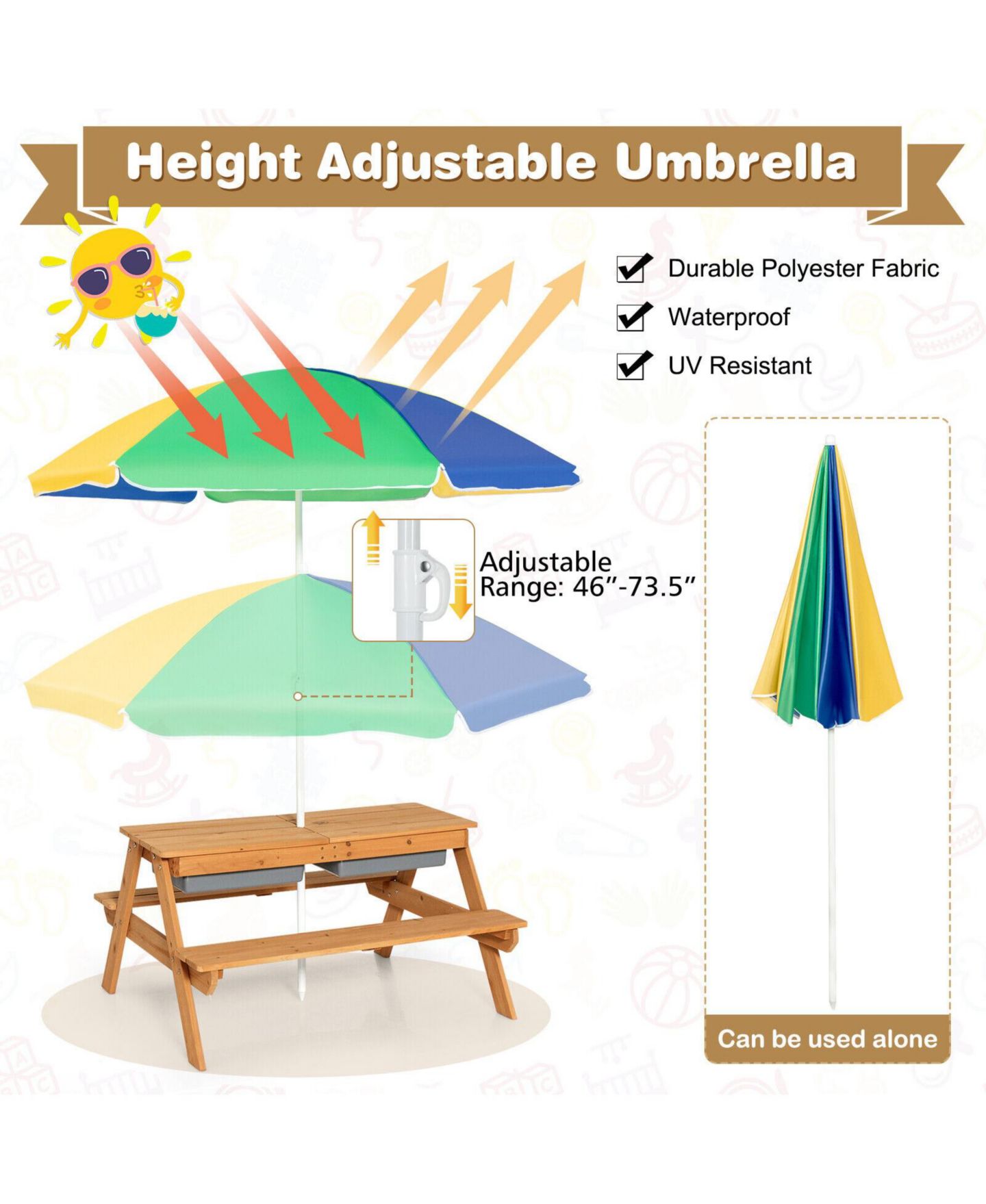 Детская игрушка GOUUN 3-in-1 Kids Outdoor Picnic Water Sand Table with Umbrella Play Boxes, цвет: Жёлтый — фото 3