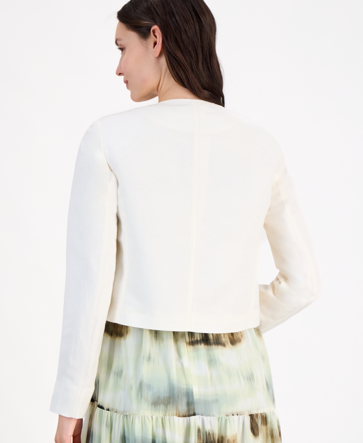 ANNE KLEIN WOMEN'S LINEN BLEND COLLARLESS BUTTON-FRONT JACKET 