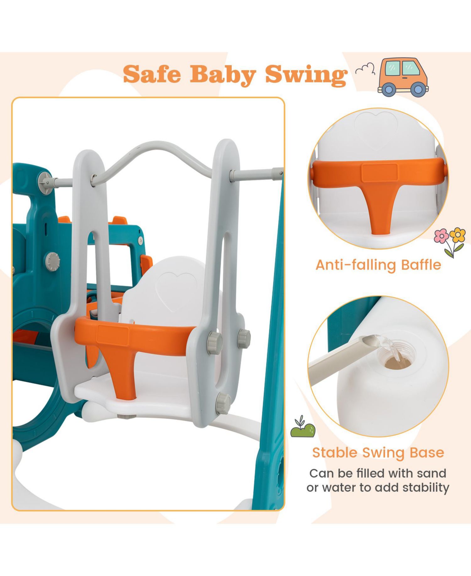 Kids' 5-in-1 Slide and Swing Set with Mini Bus and Basketball Hoop