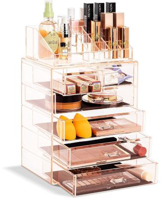 2 Piece Acrylic Makeup and Jewelry Storage Organizer Case (6 Drawers and Lipstick Tray