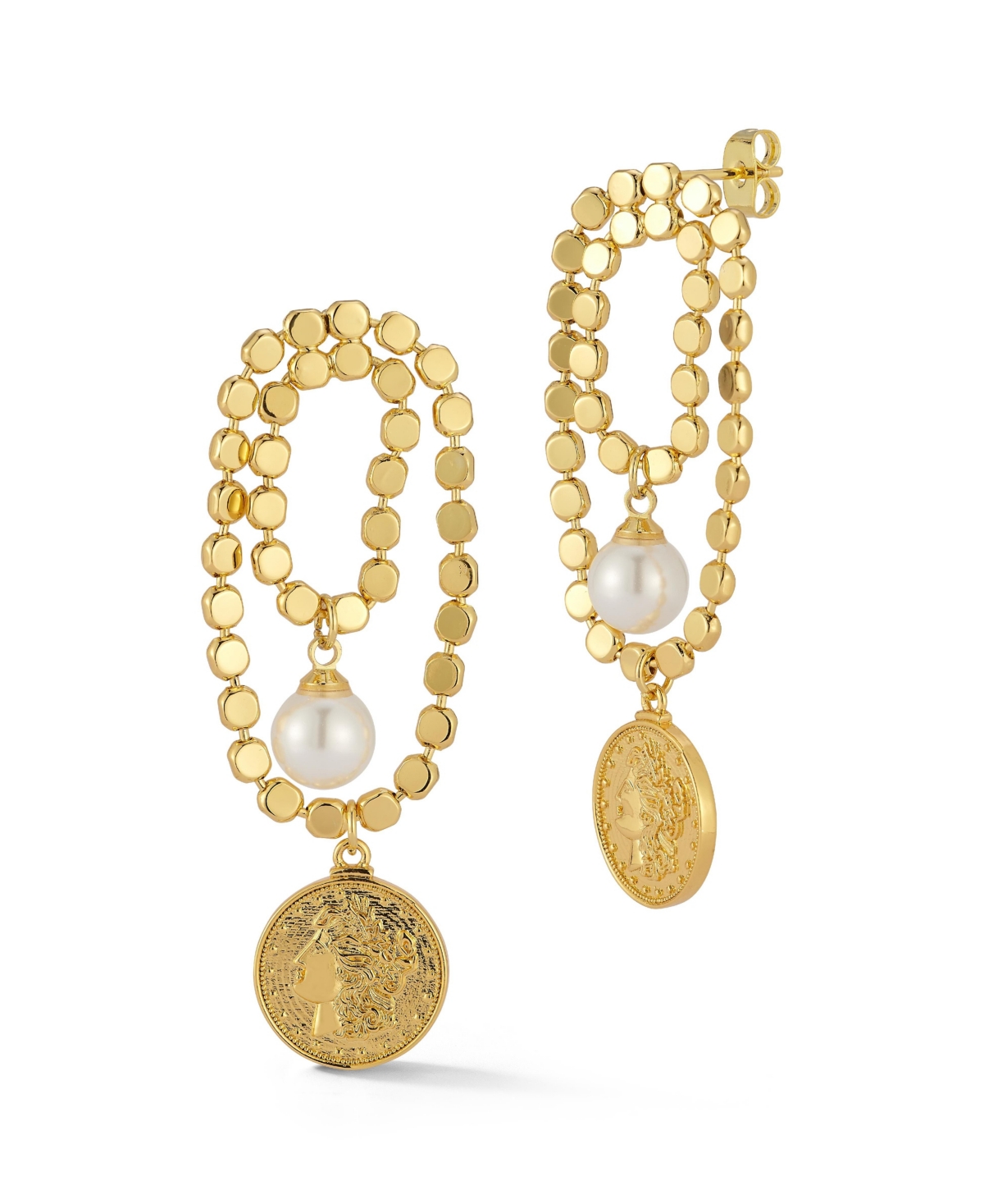 Gold Plated Statement Drop Coin Earrings With Pearls - Silver