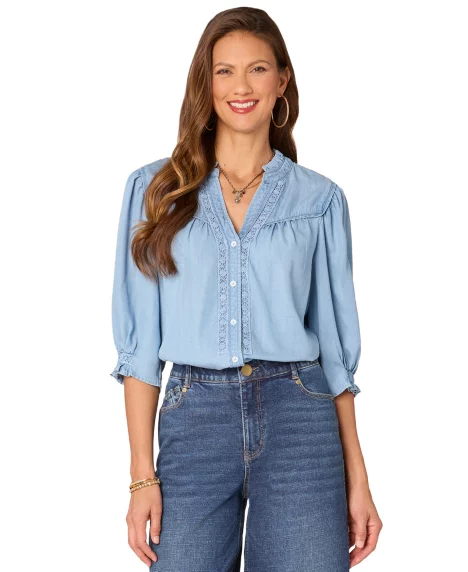 Petite Crochet-Trim Chambray Button-Front Shirt - Lb Light B