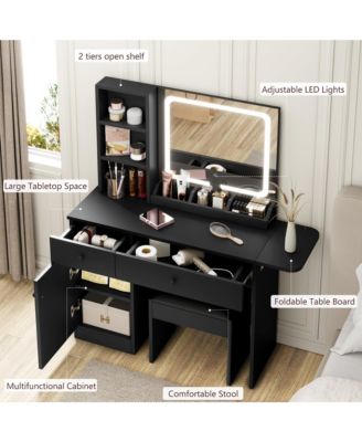 Black Vanity Desk with LED Lighted Mirror & Power Outlet, Makeup Vanity with Drawers & Cabinet & Chair