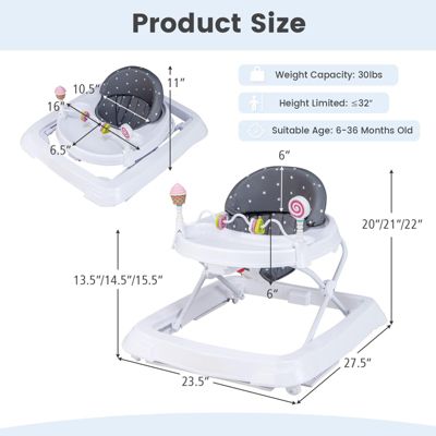 Foldable Baby Activity Walker with Adjustable Height and Detachable Seat Cushion
