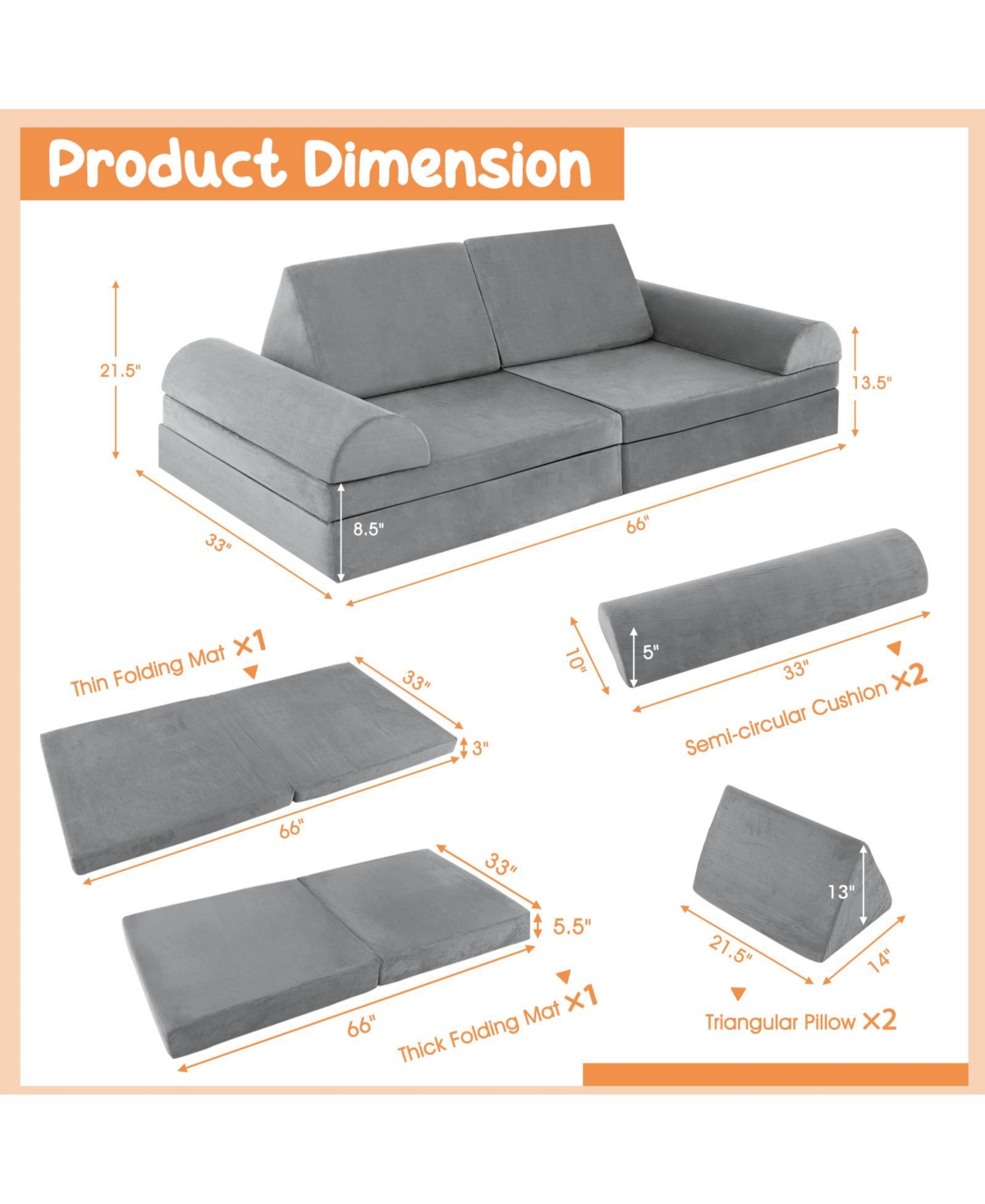 Gouun 6 Pieces Convertible Kids Sofa Playset with Zipper