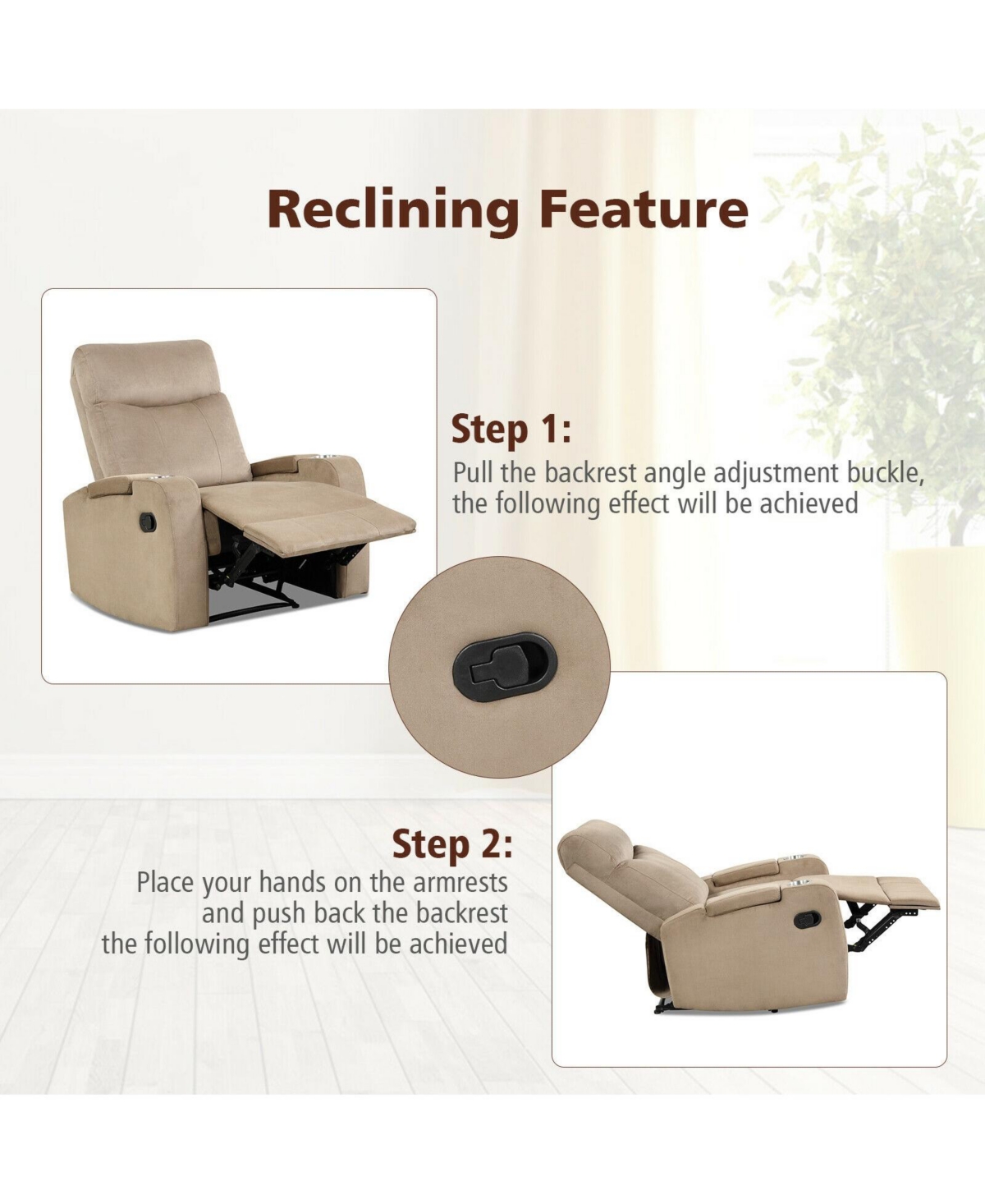 Gouun Recliner Chair Single Sofa Lounger with Arm Storage and Cup Holder for Living Room