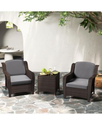3 Pieces Outdoor Rattan Furniture Set with Cushions and Tempered Glass Table