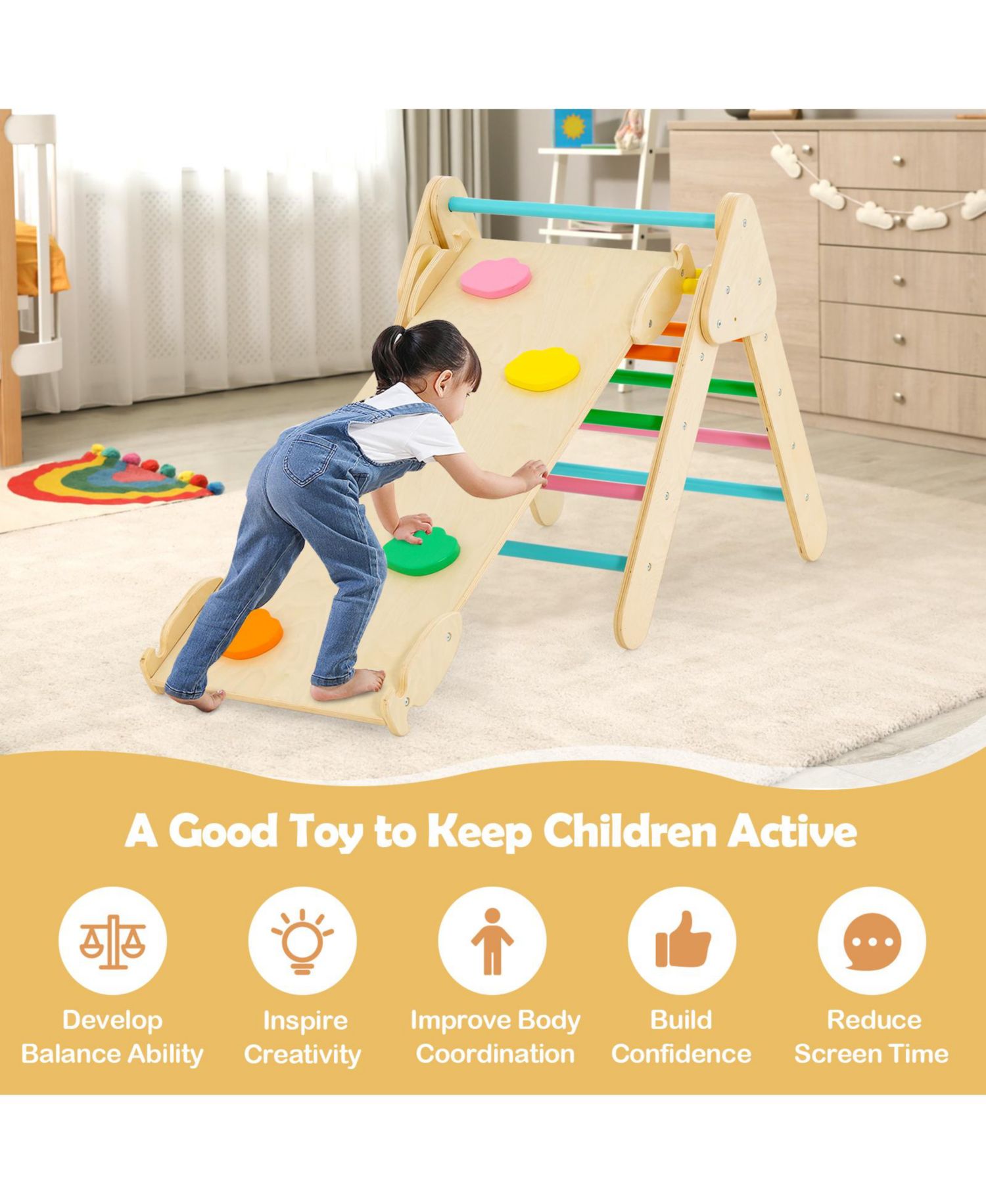 Montessori 2-in-1 Wooden Kids Climber with Triangle, Arch and Ramp