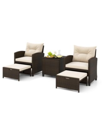 5 Pieces Patio Rattan Furniture with 2 Ottomans and Tempered Glass Table