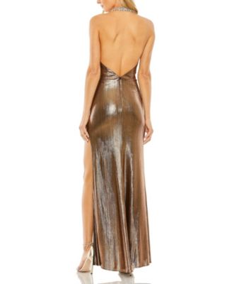 Women's High Neck Crystal Detail Metallic Slit Gown
