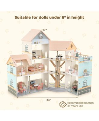 Wooden Corner Dollhouse Playset w/ 41 Pieces of Furniture and Accessories