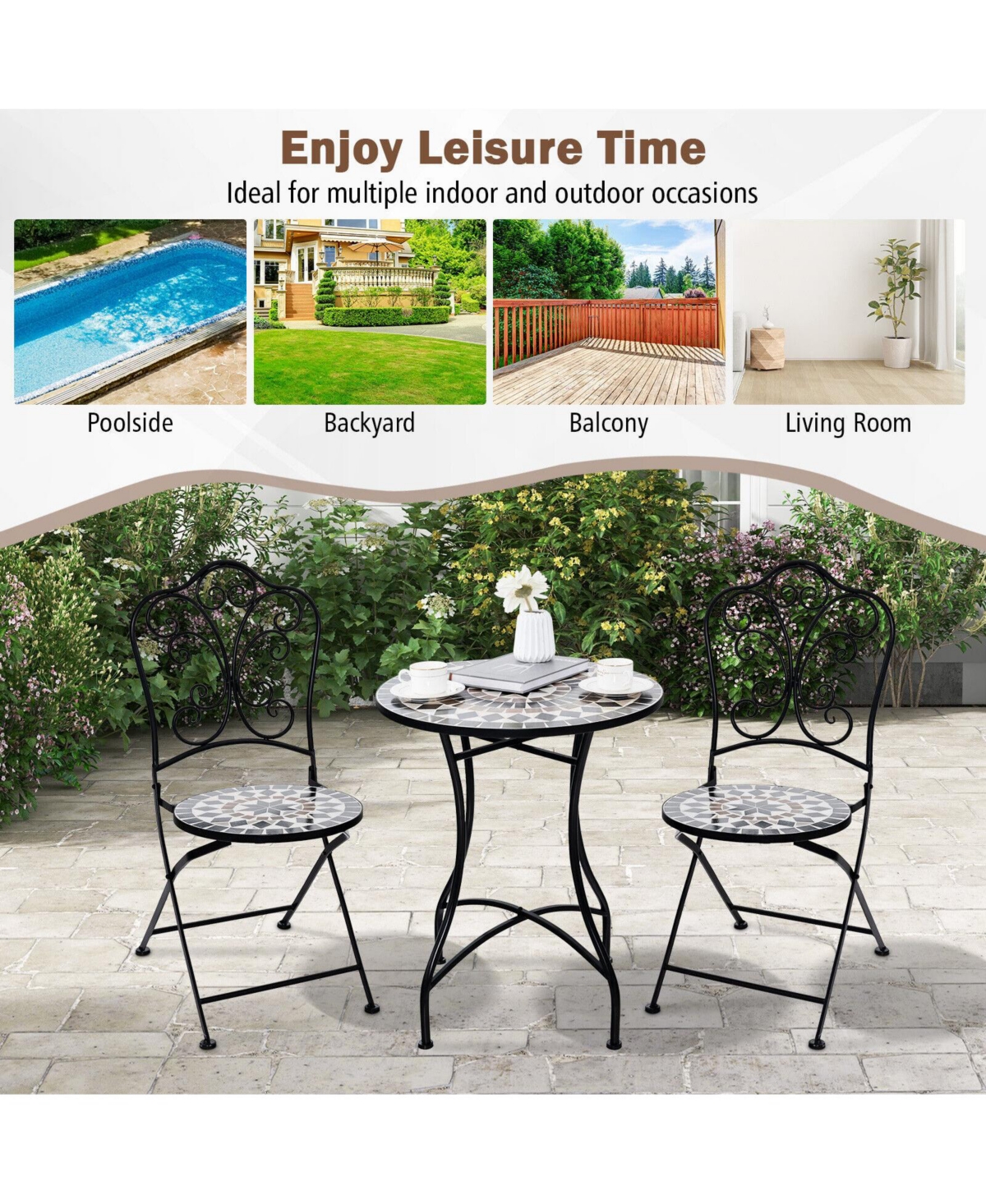 Gouun 3 Piece Patio Bistro Set with Round Table and 2 Folding Chairs
