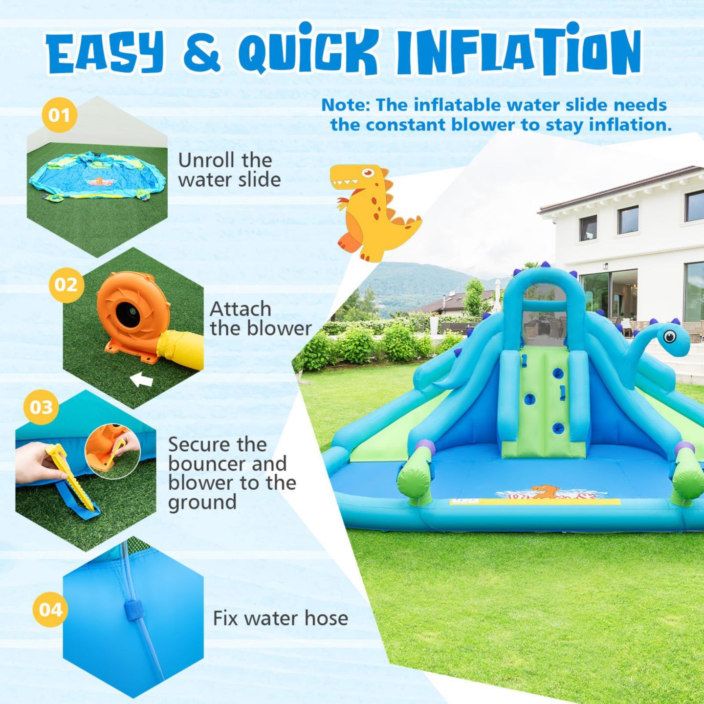 Детские игрушки GOUUN Kids Inflatable Water Slide Ages 3+ with Dual Slides and Splash Pool, цвет: Синий — фото 4