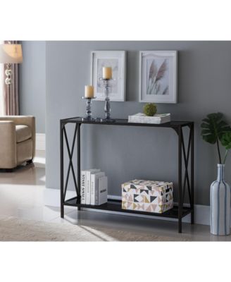 Kandin Metal Console Table with Glass Top, Pewter/Black