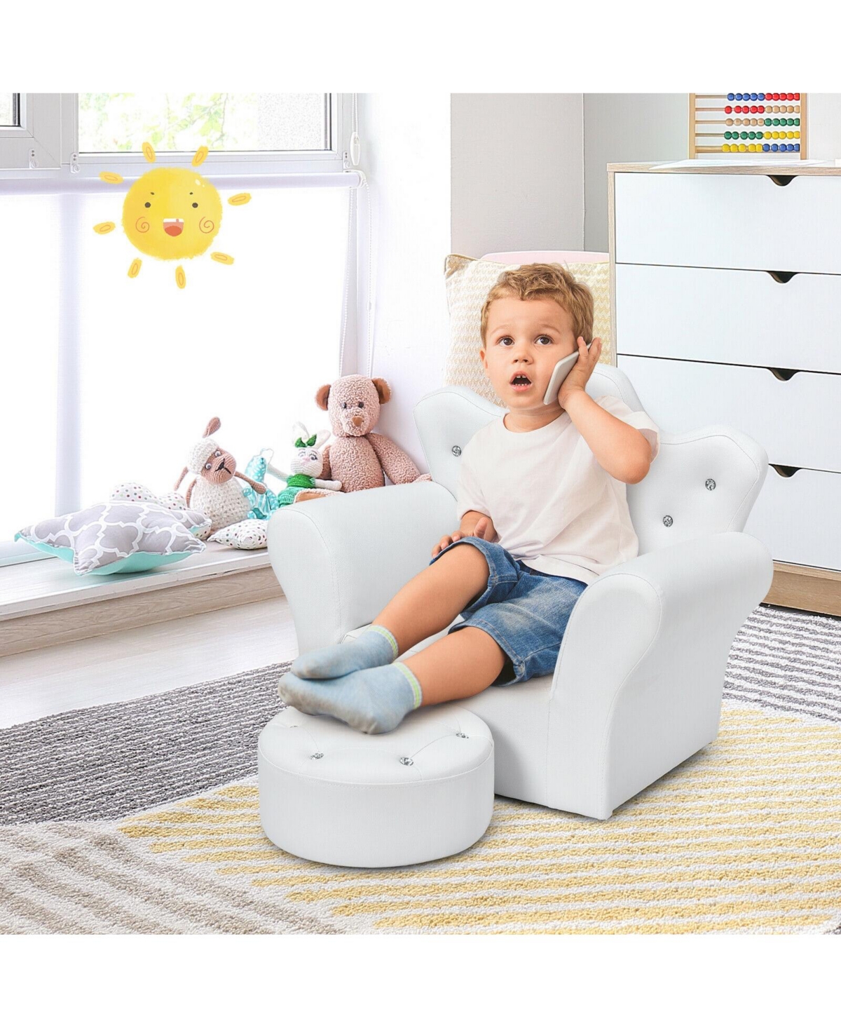 Gouun Children Upholstered Princess Sofa with Ottoman and Diamond Decoration for Boys and Girls