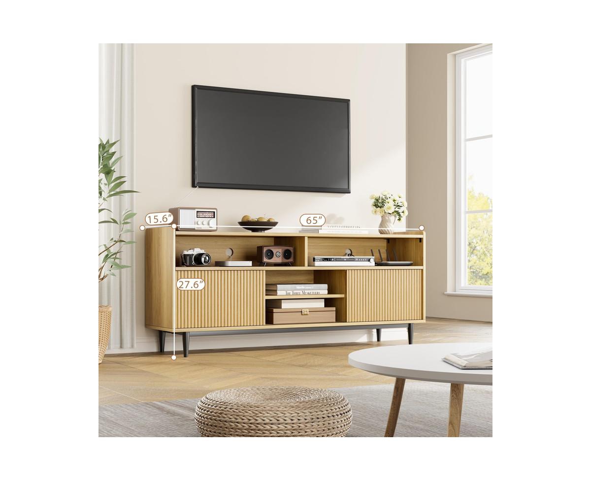 gaomon Fluted Tv Stand for 70 Inch, Boho Entertainment Center with Storage and Sliding Doors, Wooden Tv Cabinet with Adjustable Shelves, Under Tv Stan