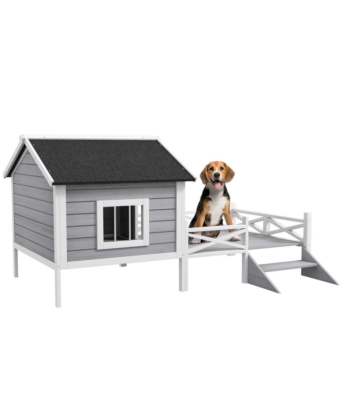 Wooden Dog House w/ Porch, Water-resist Roof, for S M Dogs, - Gray