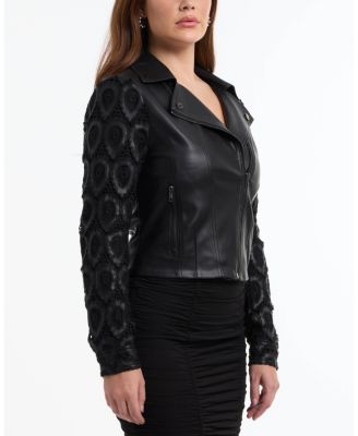 Women's Leather Embroidered Sleeve Moto Jacket