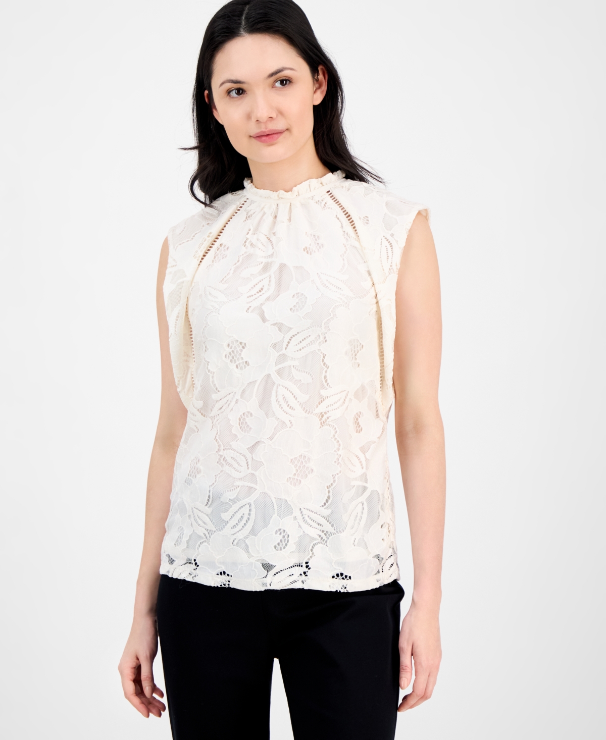 売れ筋商品|||アンクライン カットソー トップス レディース Petite Ruffled-Neck Cap-Sleeve Lace Blouse White Dove Anne Klein Petite Ruffled-neck Cap-sleeve Lace Blouse In