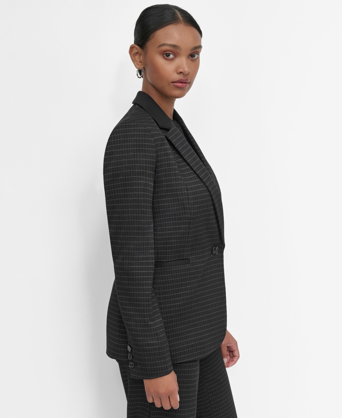 Shop Dkny Petite Ponte One-button Blazer In Black,icy Chip Grey Combo