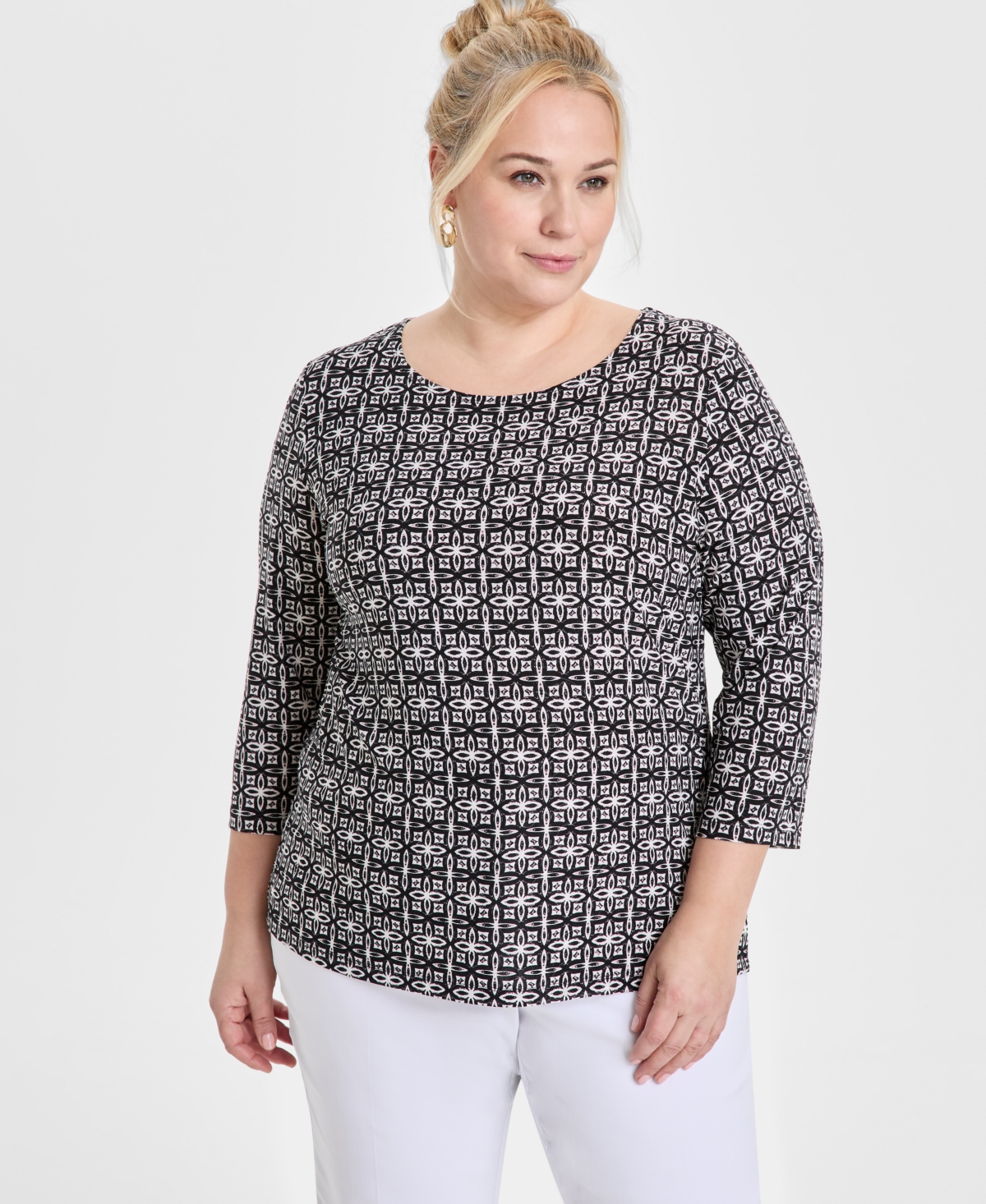 JM COLLECTION PLUS SIZE JACQUARD PRINTED 3/4-SLEEVE TOP, EXCLUSIVELY AT MACY'S 