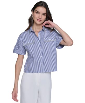 KARL LAGERFELD PARIS - Women's Cotton Cropped Striped Shirt