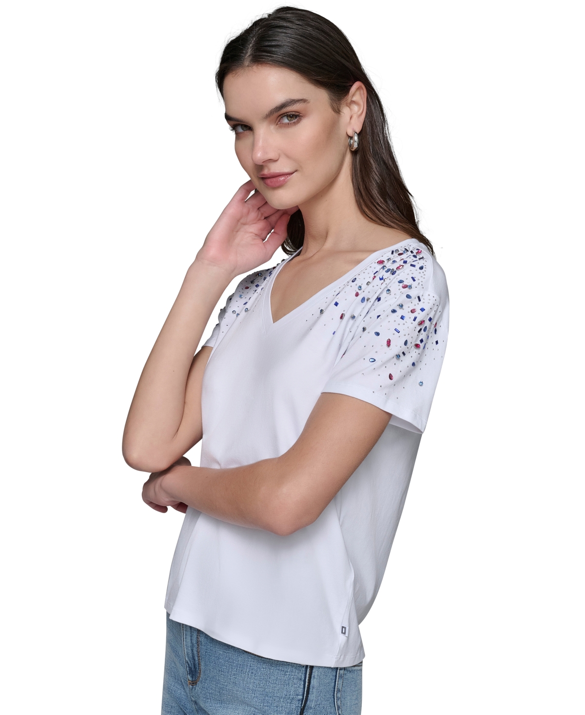 Karl Lagerfeld Women's Embellished V-neck T-shirt In White