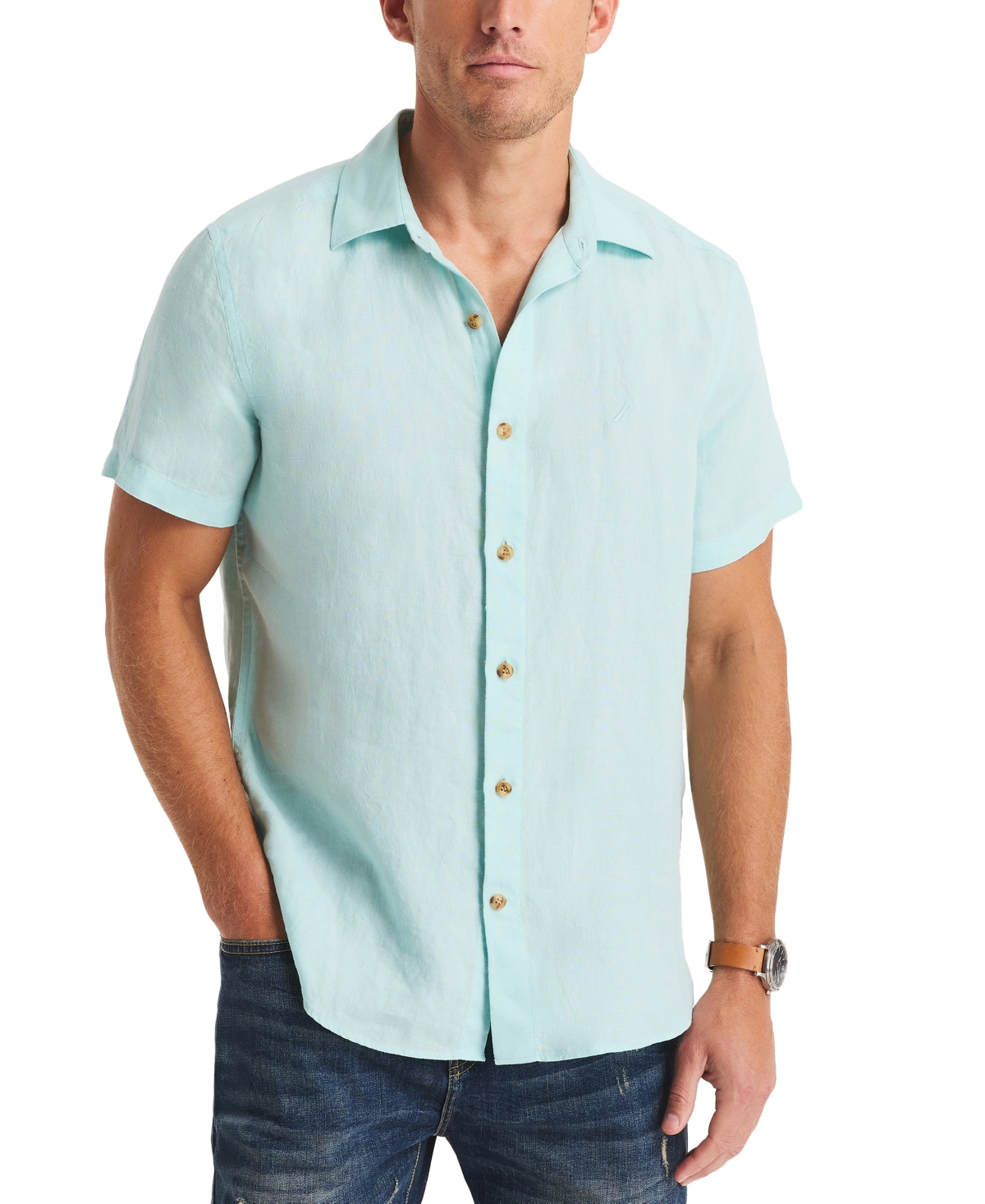 Nautica Men's Classic-Fit Solid Linen Short-Sleeve Shirt