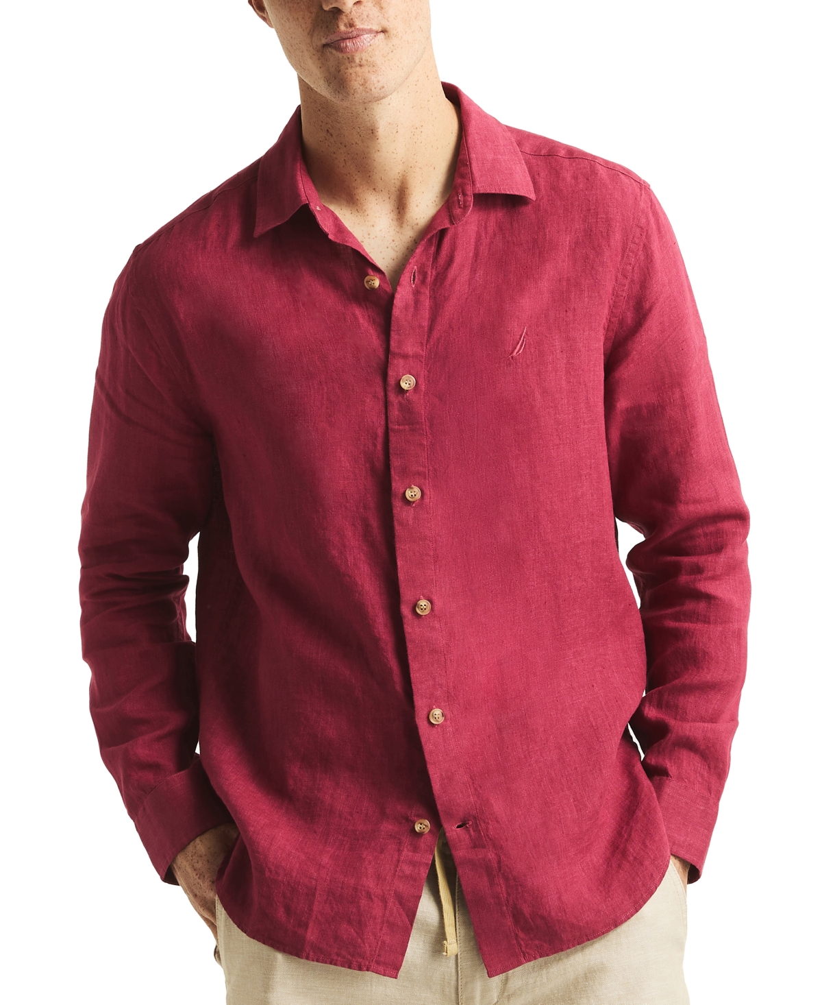 Men's Linen Solid-Color Classic-Fit Long-Sleeve Shirt - Crimson Sunset