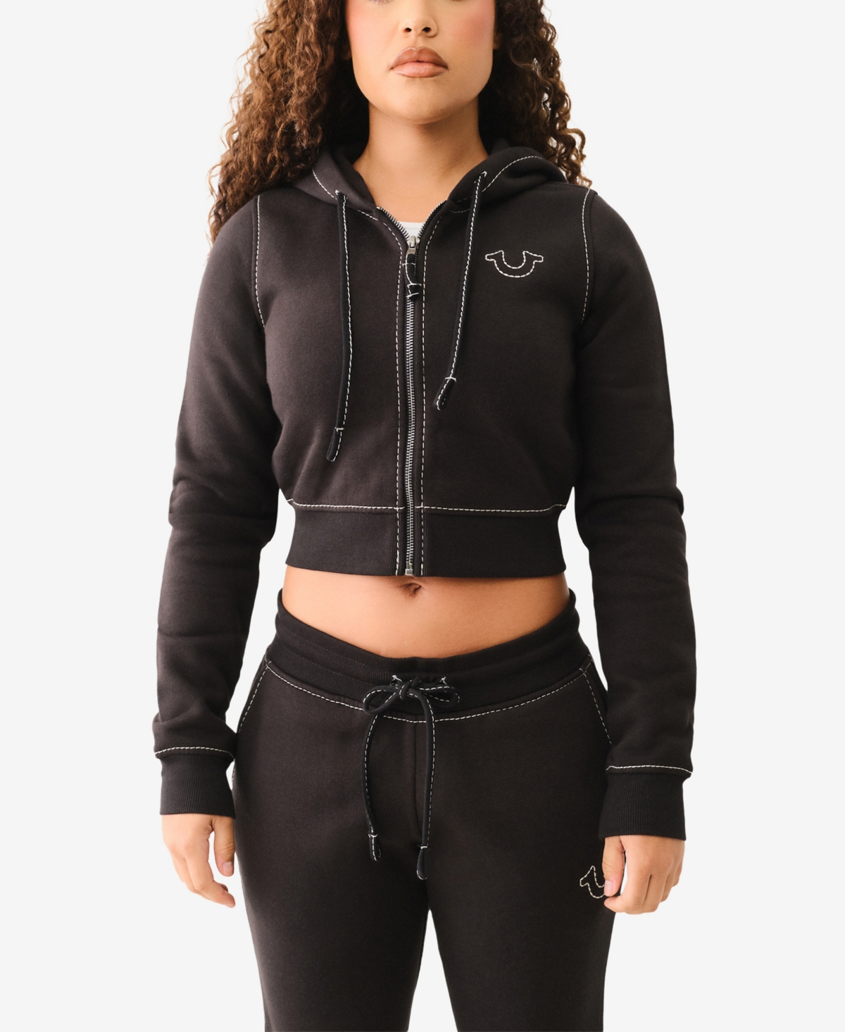 TRUE RELIGION WOMEN'S SHRUNKEN BIG T ZIP HOODIE SWEATSHIRT 