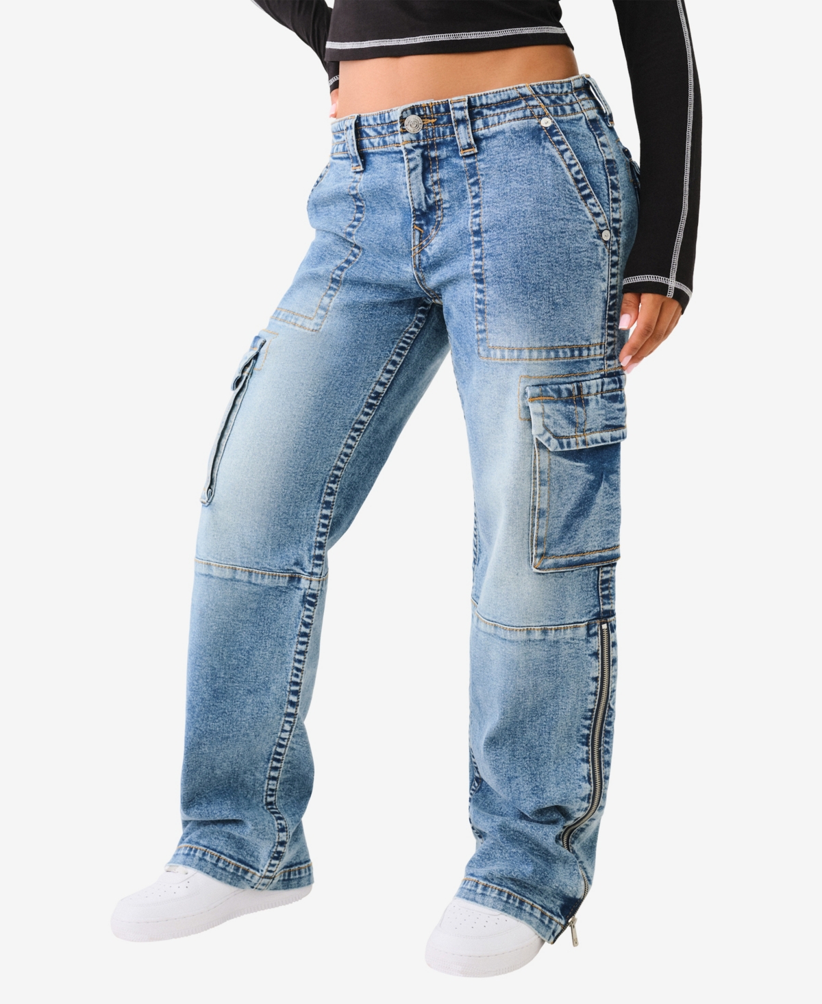 TRUE RELIGION WOMEN'S SIDE ZIP CARGO BIG T JEANS 