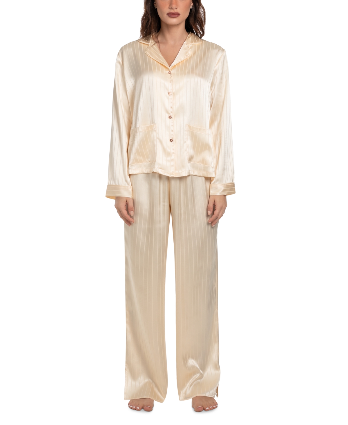 Women's Satin Jacquard Striped Pajama Set - Soft Yellow