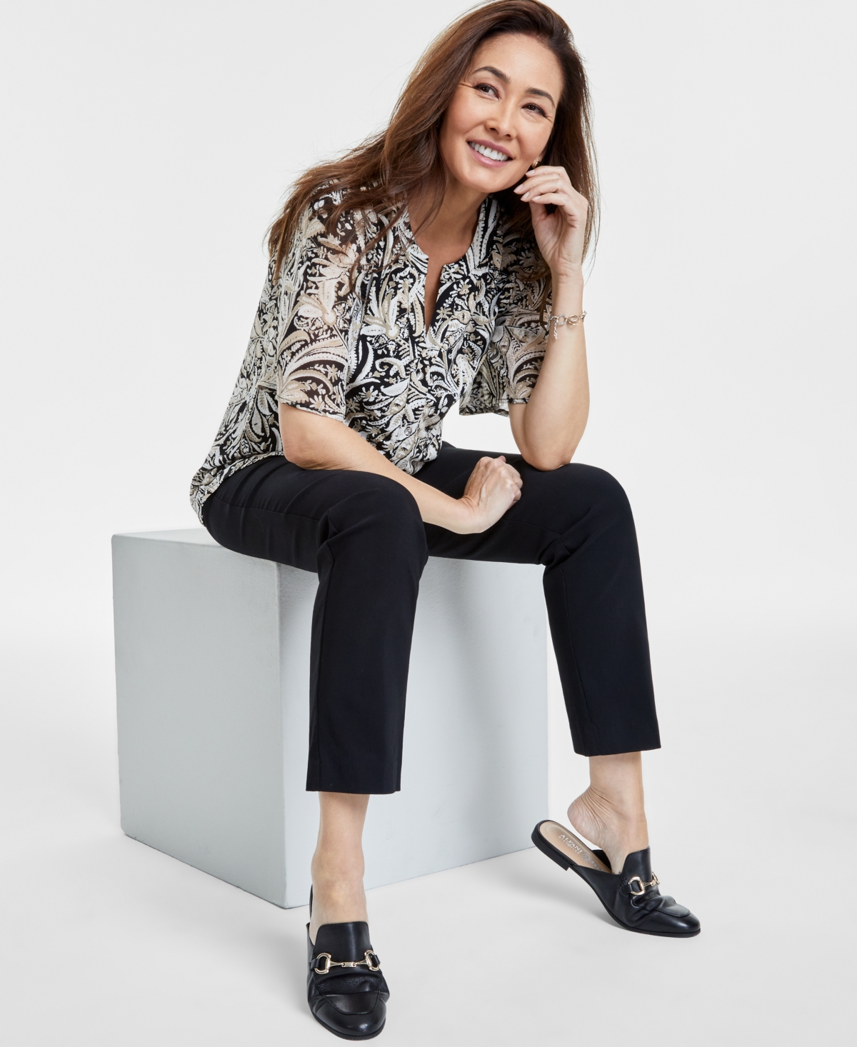 Shop Jm Collection Women's Printed Split-neck Blouse, Exclusively At Macy's In Deep Black