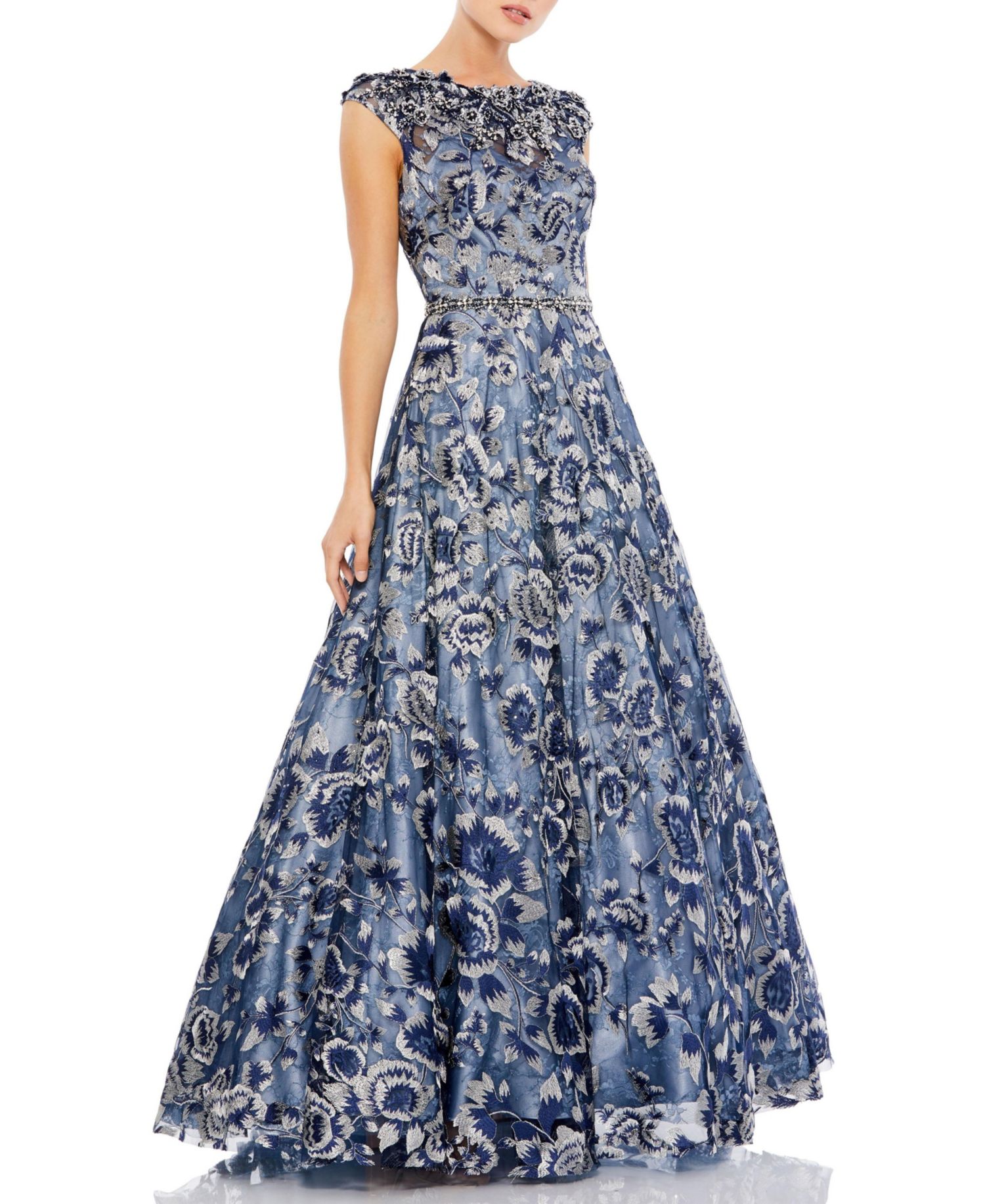 Women's Embellished Cap Sleeve High Neck Ballgown.