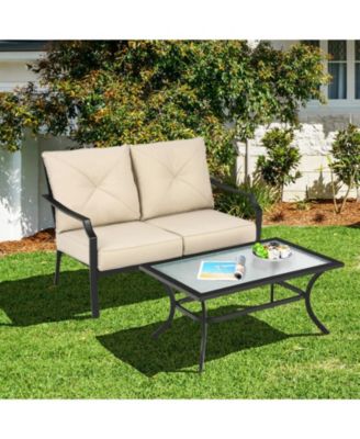 2 Pieces Patio Outdoor Cushioned Sofa Bench with Table