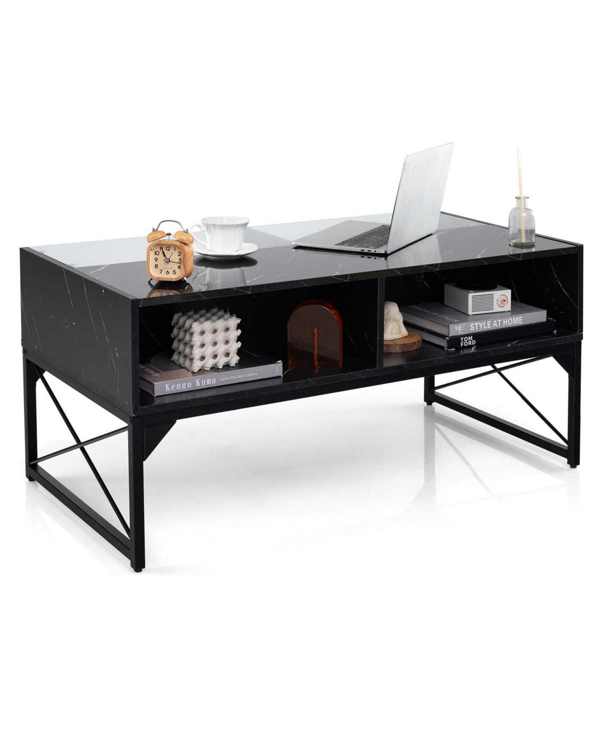 Gouun Center Table with Faux Marble and Tempered Glass Top