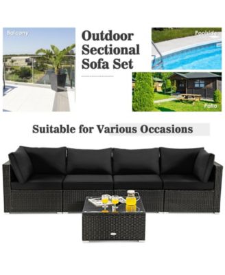 5 Pieces Cushioned Patio Rattan Furniture Set with Glass Table