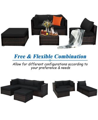 5 Pieces Patio Rattan Sofa Set with Cushion and Ottomans