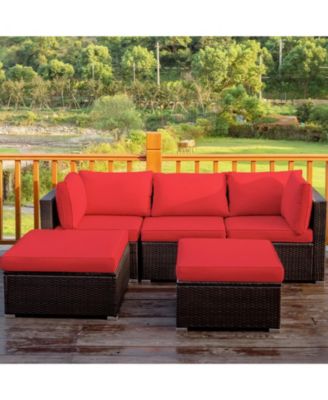 5 Pieces Patio Rattan Sofa Set with Cushion and Ottomans