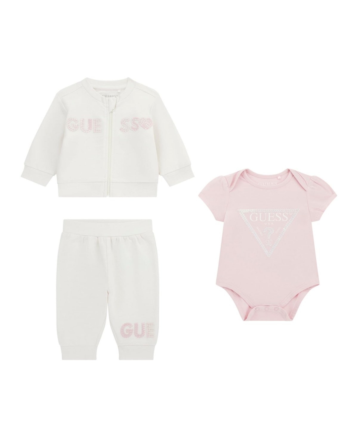 Guess Baby Girl Short Sleeve Bodysuit, Active Zip-up Sweatshirt, And Pant, 3-piece Set In Cream